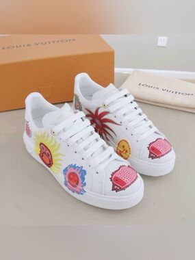 Louis Vuitton White Leather Low-Top Sneakers with Colorful Sun Motifs